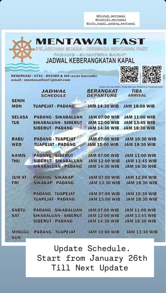 The up to date 2025 schedule for the Mentawai Fast Ferry. Note this may be updated at any point without warning. 